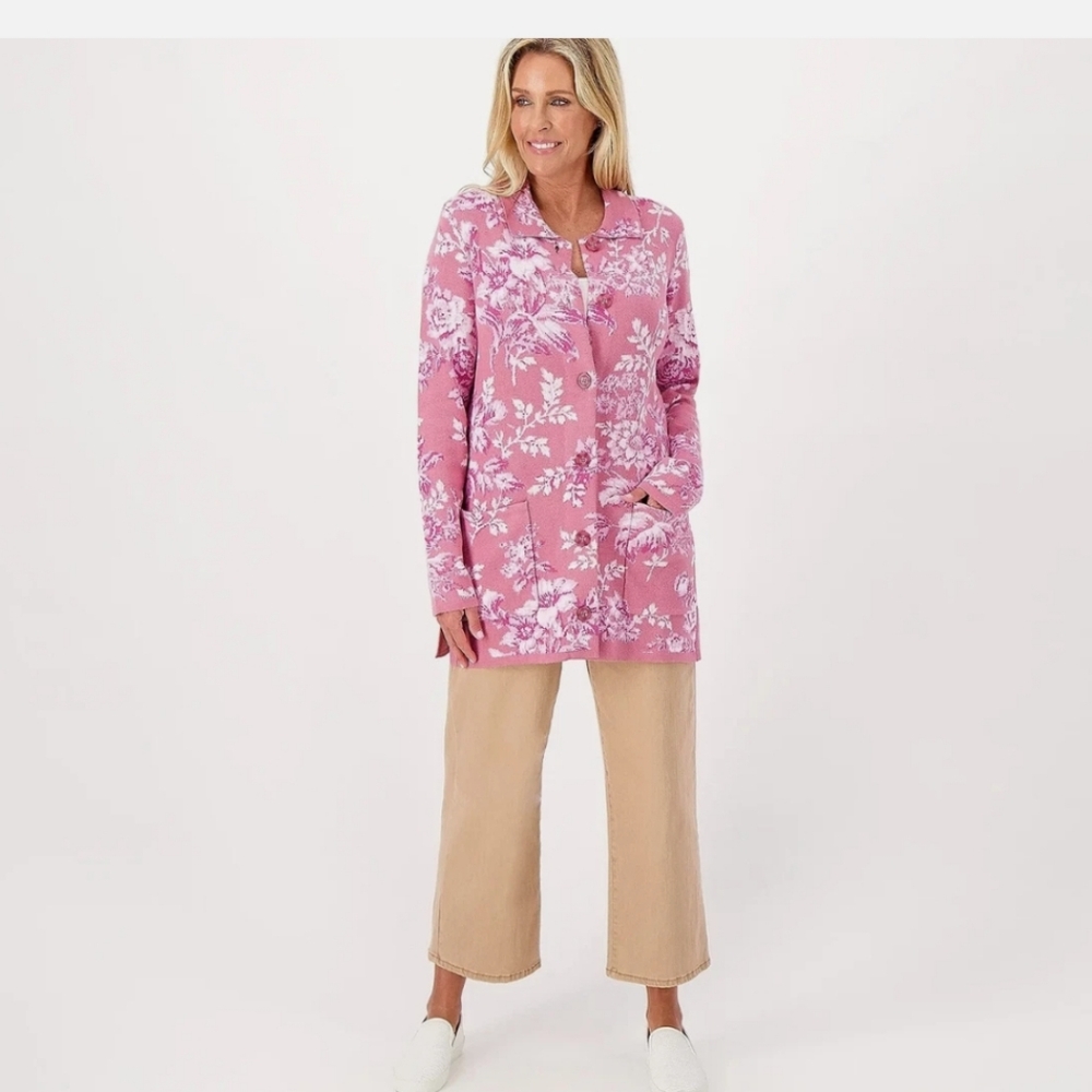 Isaac Mizrahi Pink Floral Tunic Length Cardigan Sweater Size 3X NWOT - Picture 3 of 7